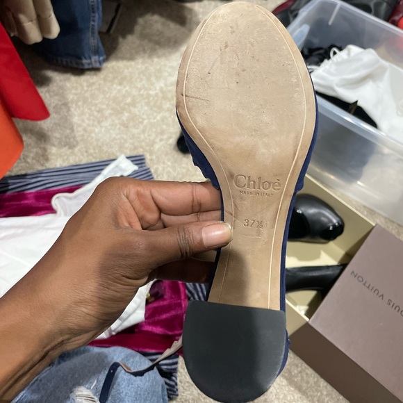 Chloé | Women's Navy Lauren Scalloped Suede D'orsay Block Heel Pumps - Picture 8 of 9